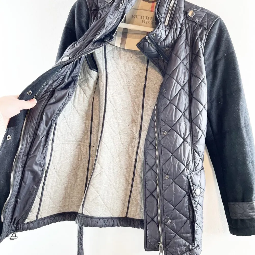 Burberry Brit Quilted Belted Trench Coat Jacket Mixed Media Black Small - Image 8