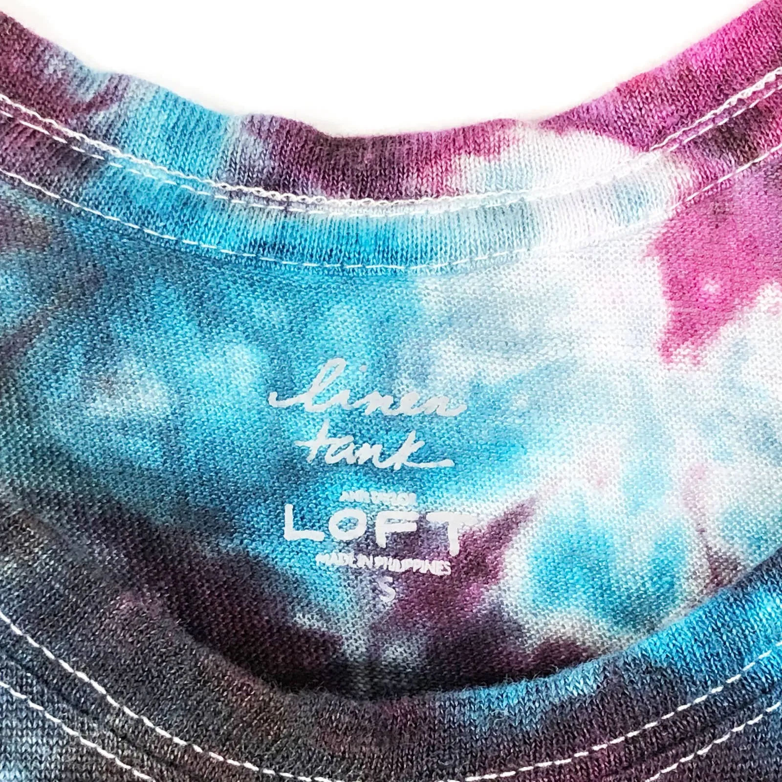 LOFT Small‎ Tank Top Handmade Tie Dye Cerulean Sea Linen Blue Pink Black 1526 - Image 7