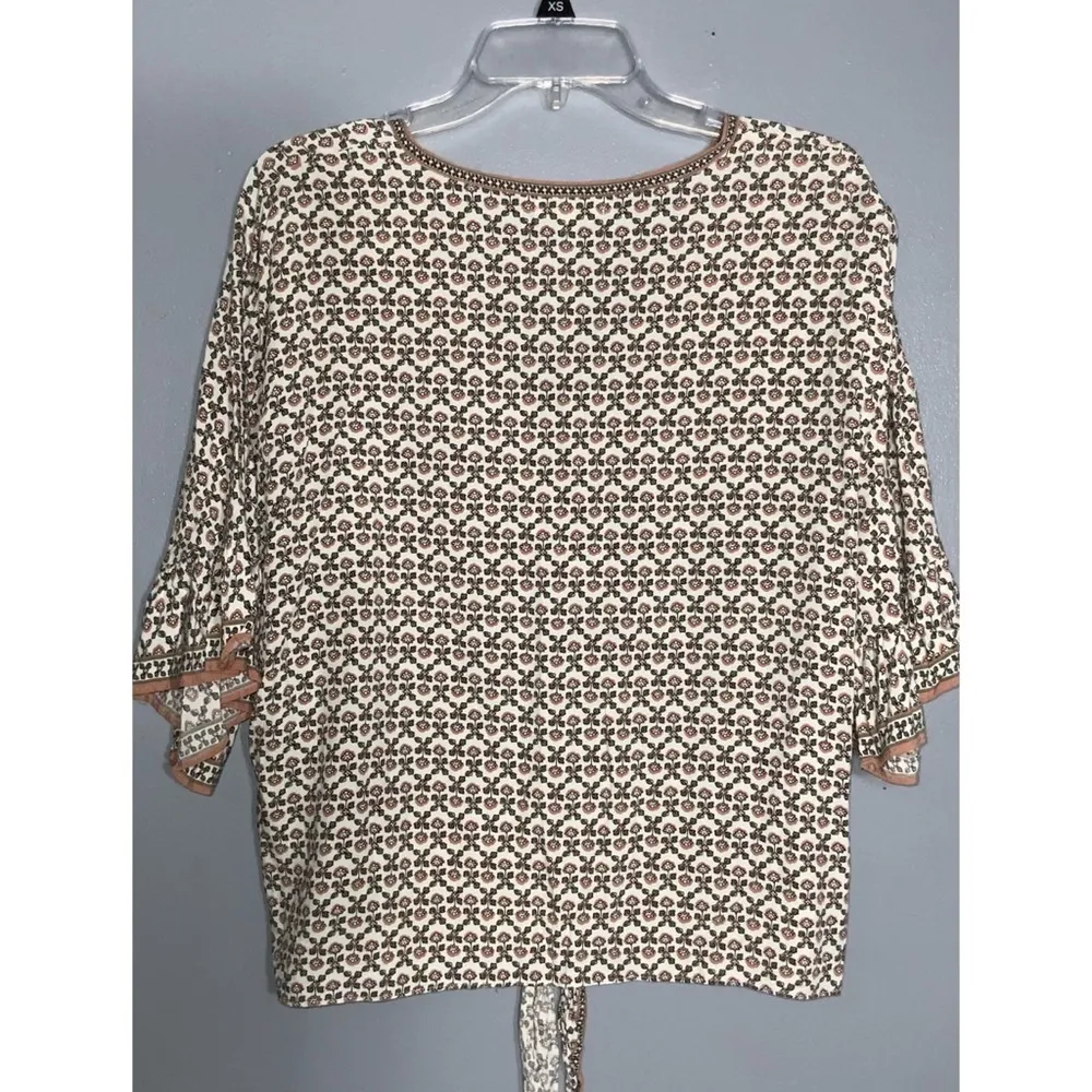 Max Studio Ivory Blush & Sage Floral Short Ruffle Sleeve Tie Waist V Neck XL - Image 9