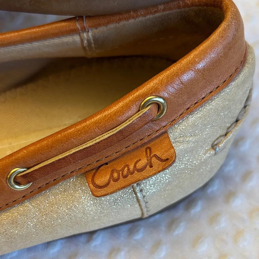 Coach CHERRY Size 8.5M Women's Tan Metallic Gold Leather Loafers Moccasins - Image 3