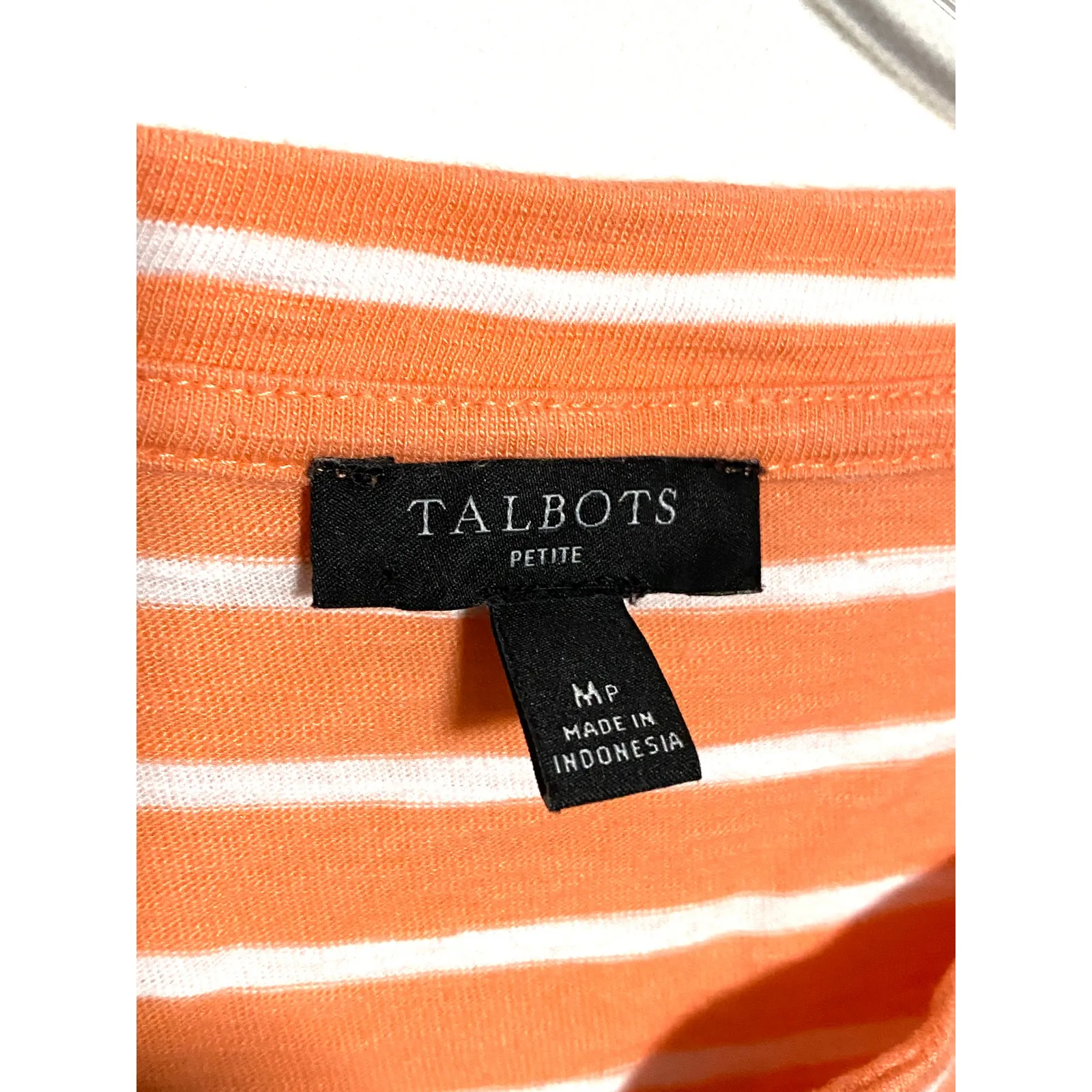 Talbots Split Neck Shirt Medium Petite Orange White Striped Coastal Summer Modal - Image 4