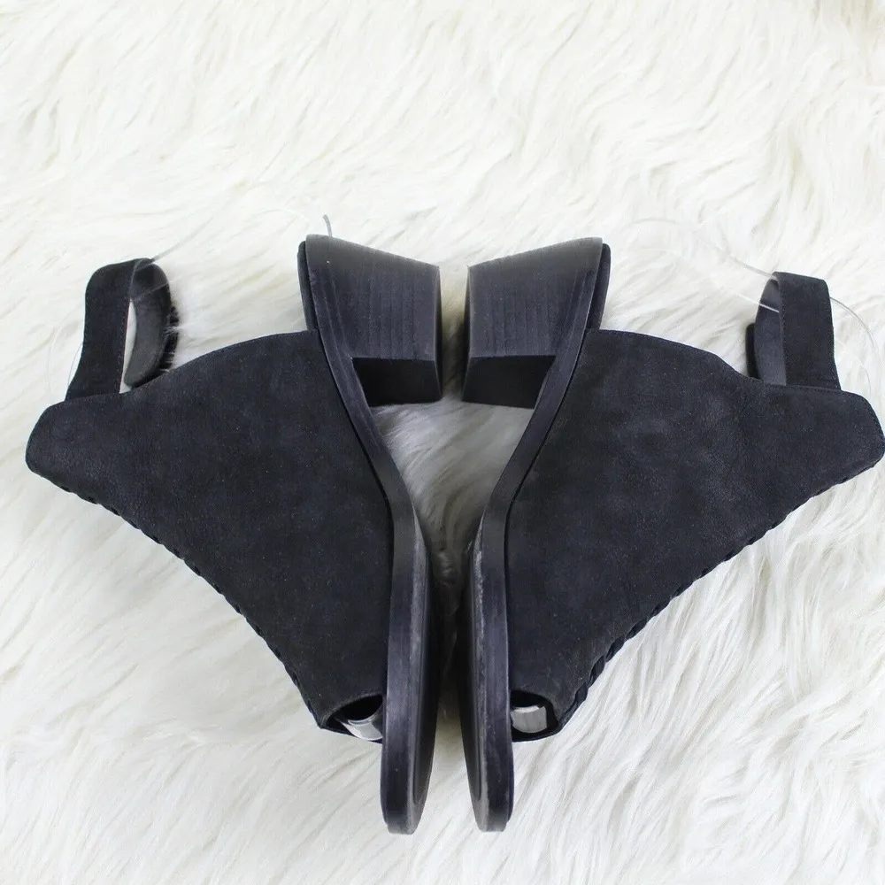 Eileen Fisher Pagoda Heel Sandals Black Tumbled Nubuck Whipstitch Slingback 6.5 - Image 2