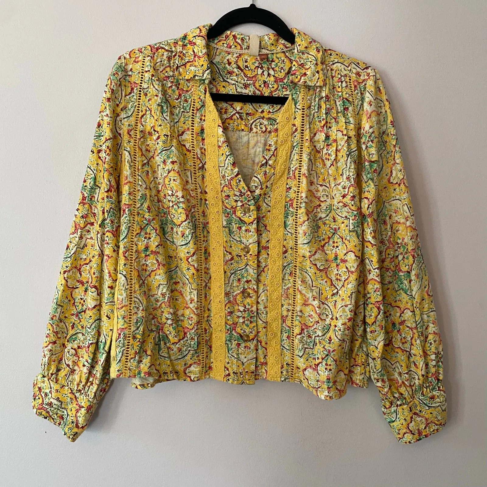 Pilcro Anthropologie Yellow Boho Button Down Peasant Blouse Fairy Women's Medium - Image 2