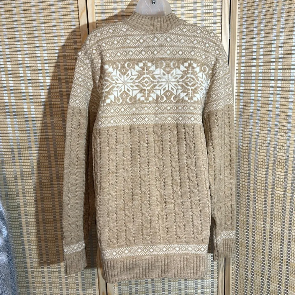 Vintage Tan White Snowflake Pattern Ribbed Braided Tight Knit Sweater Large - Image 9