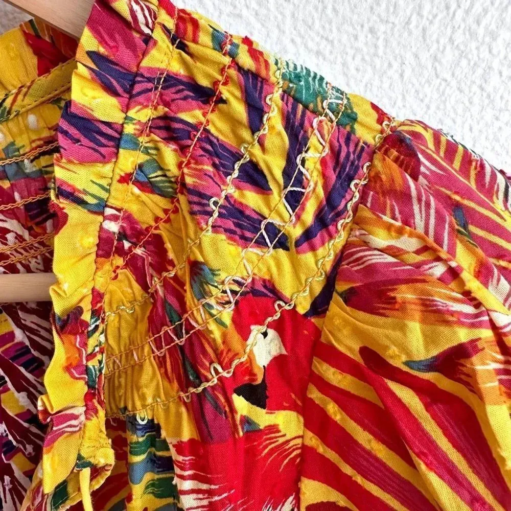 RACHEL ZOE | Bright Tropical Floral Bird Print Beaded Tassel Blouse | Medium - Image 7