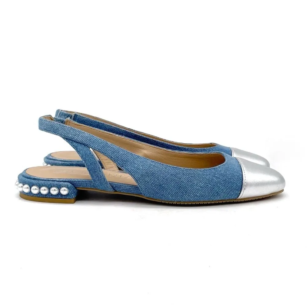 Stuart Weitzman Denim Pearl Slingback Flats Size 6 Silver Cap Toe Made in Spain - Image 4