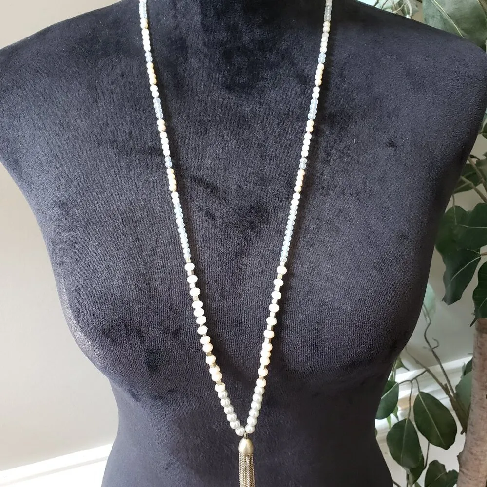 Womens Gold Tone Faceted Beads Faux Pearl Tassel Chain Necklace w/ Lobster Clasp - Image 2