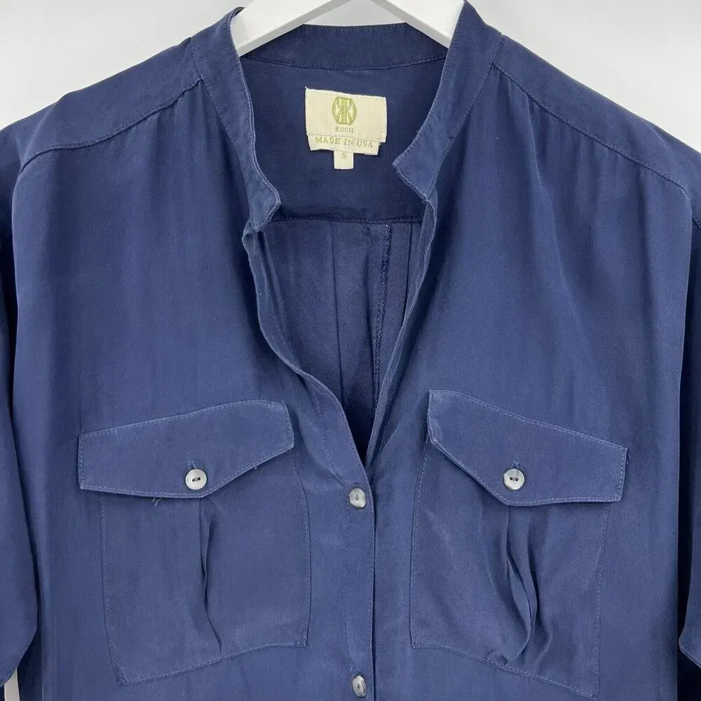 Koch 100% Silk Mini‎ Tunic Shirt Dress Navy Blue 3/4 Length Sleeves Size Small - Image 2