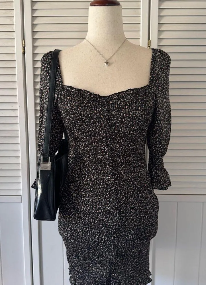 Blush Jay Black Floral Shirred Love Neck Cinched Bodycon Dress Size M - Image 4