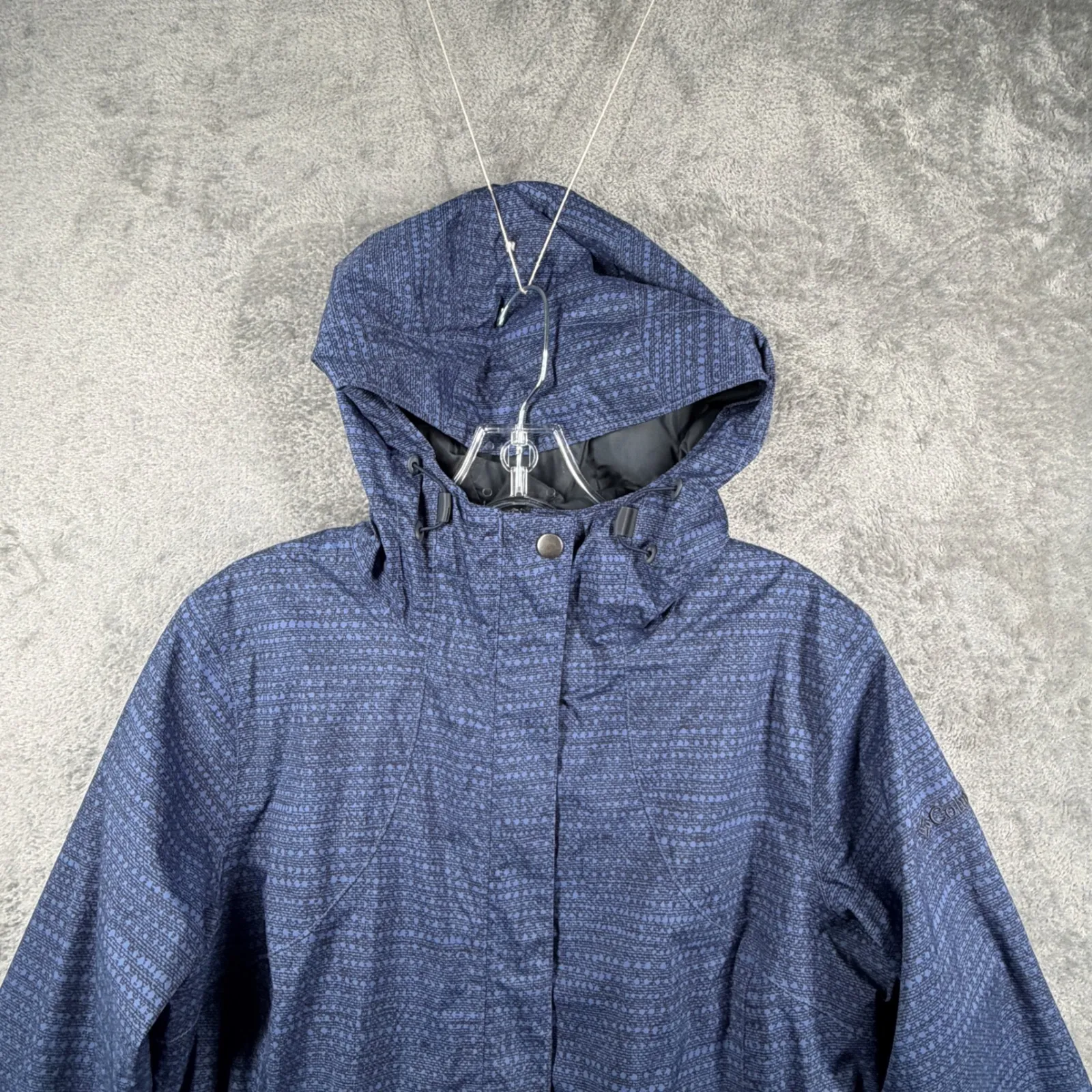 Columbia Omni-Tech Waterproof Rain Jacket Small Blue Pattern Hooded Shell Parka - Image 5