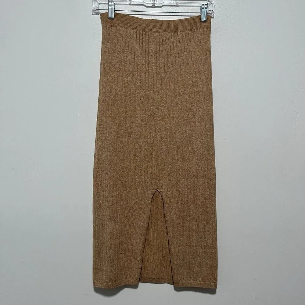 Free‎ People Skyline Midi Ribbed Front Slit Stretchy Skirt in Tan Size Small - Image 3