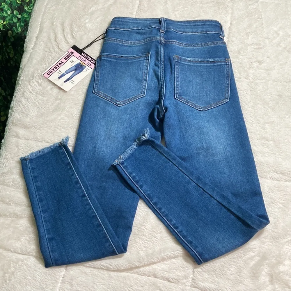 NEW Crystal Rock size 0 distressed jeans vintage push up skinny hi rise frayed Blue - Image 2