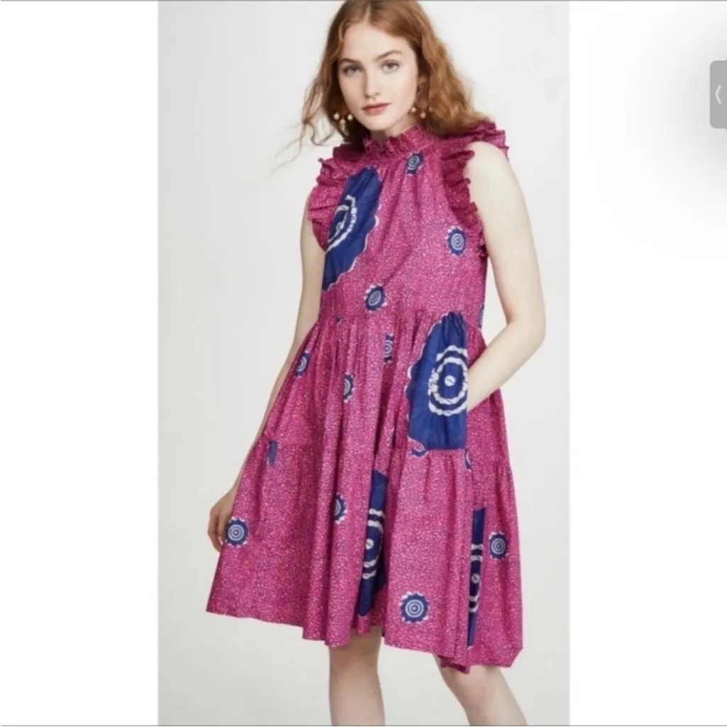 ULLA JOHNSON Tamsin Tiered Sleeveless Printed Hi-Low Dress Size 6 Pink and Blue - Image 2