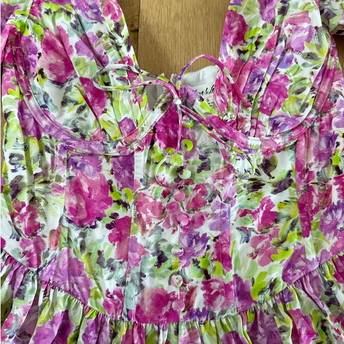 For Love and Lemons Mini Dress Puff Sleeves Floral Silk Paulina Size S Purple - Image 2