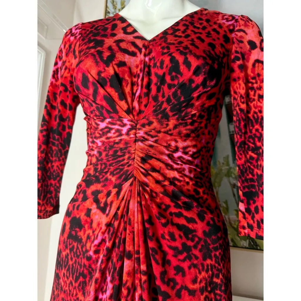 David Meister Red Black Leopard Print Ruched Sheath Bodycon Midi Dress Sz 4 - Image 4