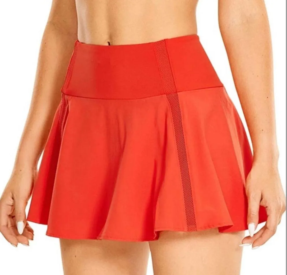 CRZ Yoga Red High Waisted Tennis Mini Pleated Skirt Spandex Inner Shorts Skort - Image 3