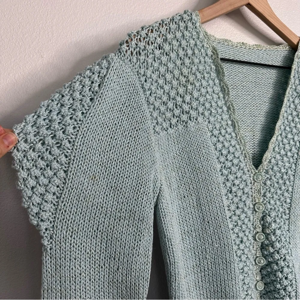 Vintage Handknit Blue Button Up Sweater Sz M Size M - Image 3