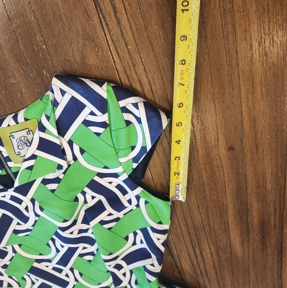 Elizabeth McKay Green & Navy A Line Geo Print retro cotton silk mini dress Size 2 - Image 8
