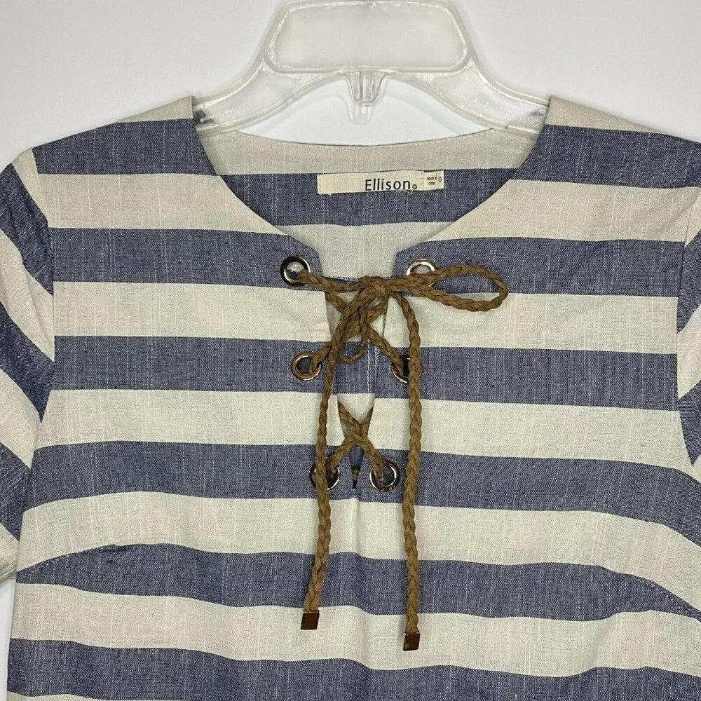 ELLISON Womens Small Striped Linen Cotton Dress Leather Tie Neckline Pockets - Image 2