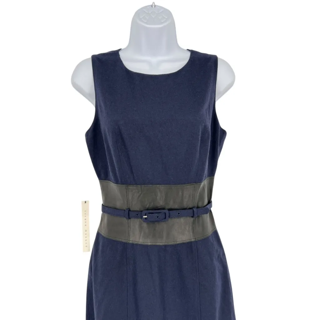 Susana Monaco Wool Blend Belted Navy Blue Leather Panel Dress Size 4 NWT - Image 2