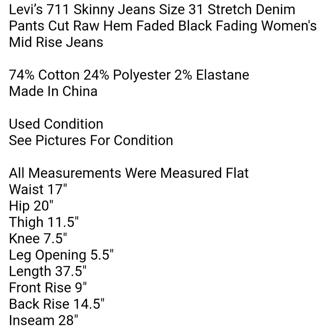 Levi’s 711 Skinny Jeans Size 31 Stretch Denim Pants Cut Raw Hem Faded Black Fading Women's Mid Rise Jeans  - Image 7
