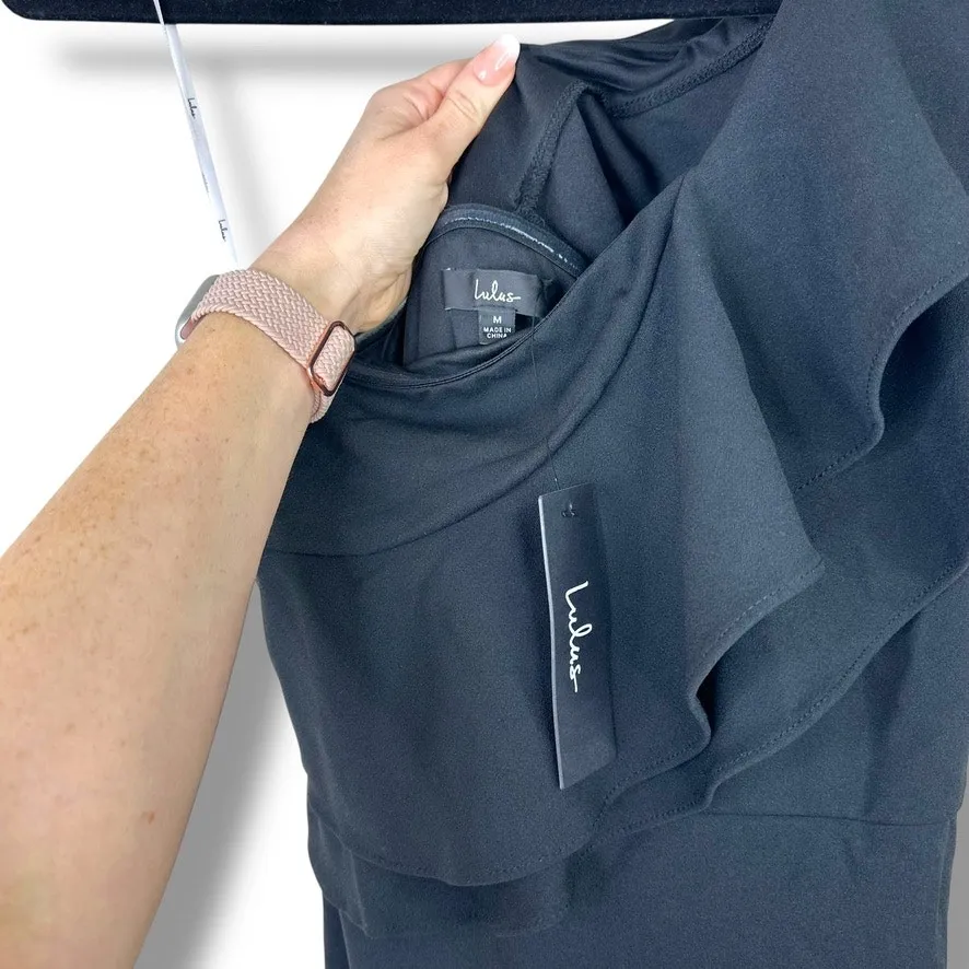 Lulus NWT Grand Beauty Black Ruffled One-Shoulder Mermaid Maxi Dress Medium - Image 9