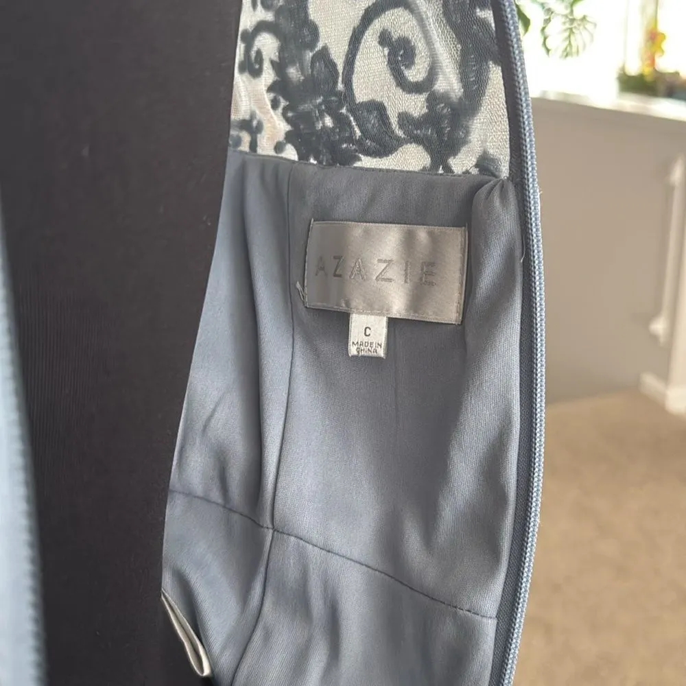 Azazie Dusty Blue Mermaid Sequin Tulle Laurie Romy Floor Cap Sleeve Formal Dress - Image 6