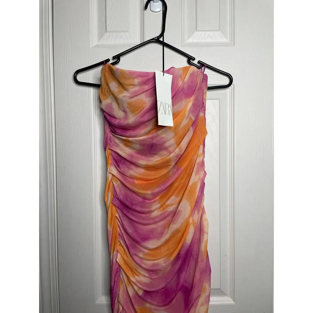 NEW Zara Strapless Pink Orange Midi Dress Tulle Size Medium Bodycon - Image 2