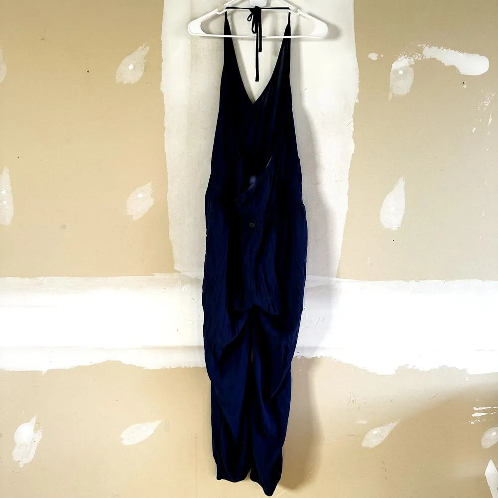 Prana Fernie Jumpsuit Surplice Halter Deep V Neck Smocked Waist Blue Large - Image 6