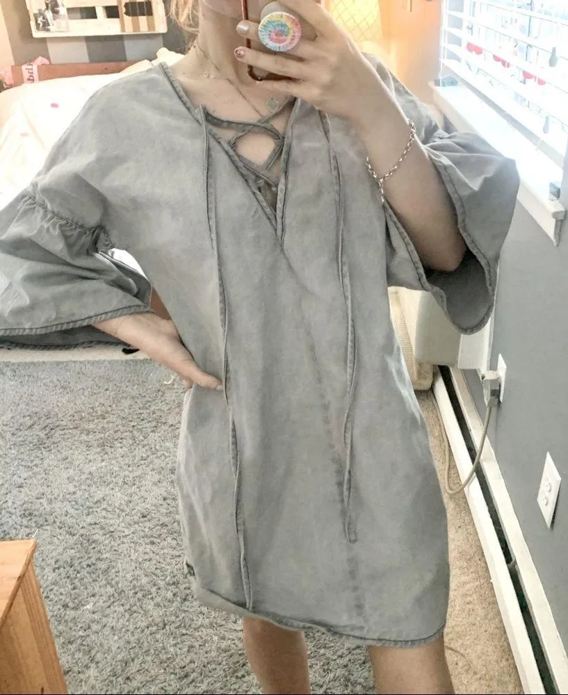 ASOS gray denim lace up ruffle shift dress - Image 3