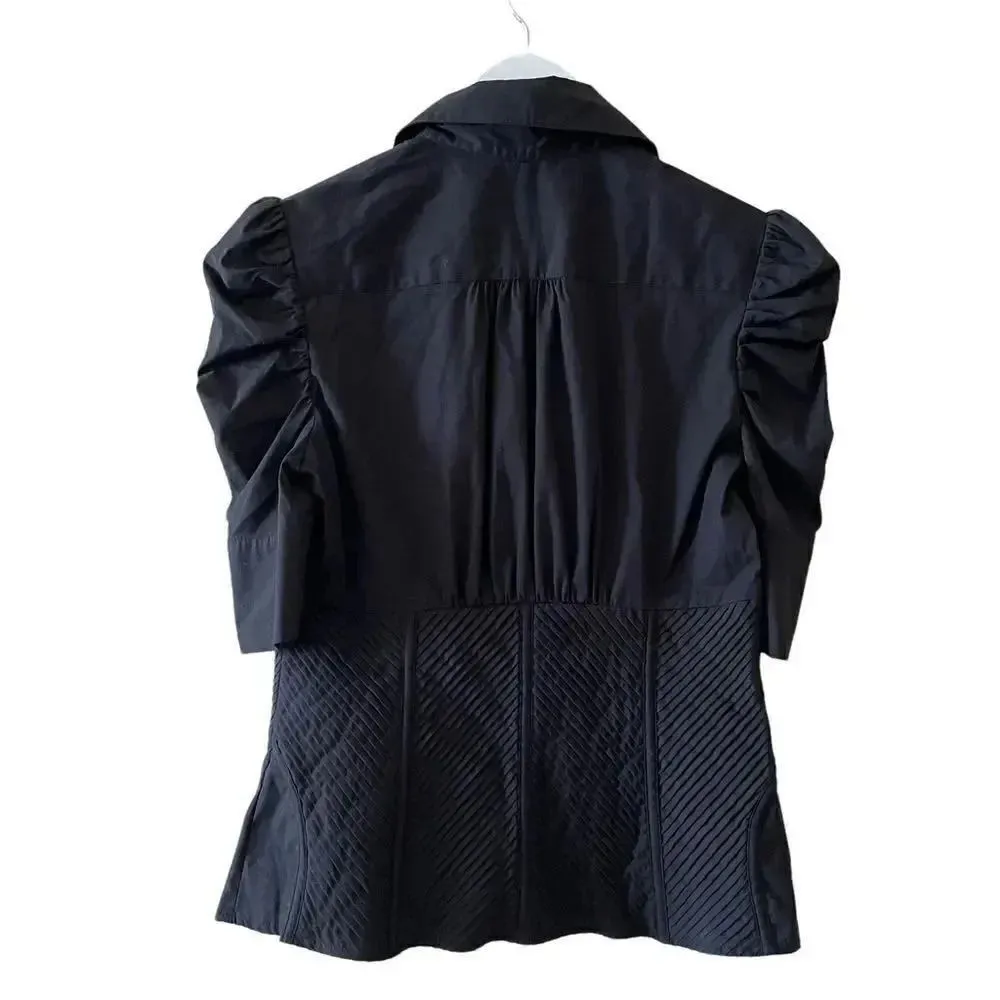 Bebe Black Puff Sleeves Silver Button Down Shirt SZ M Black Size M - Image 3