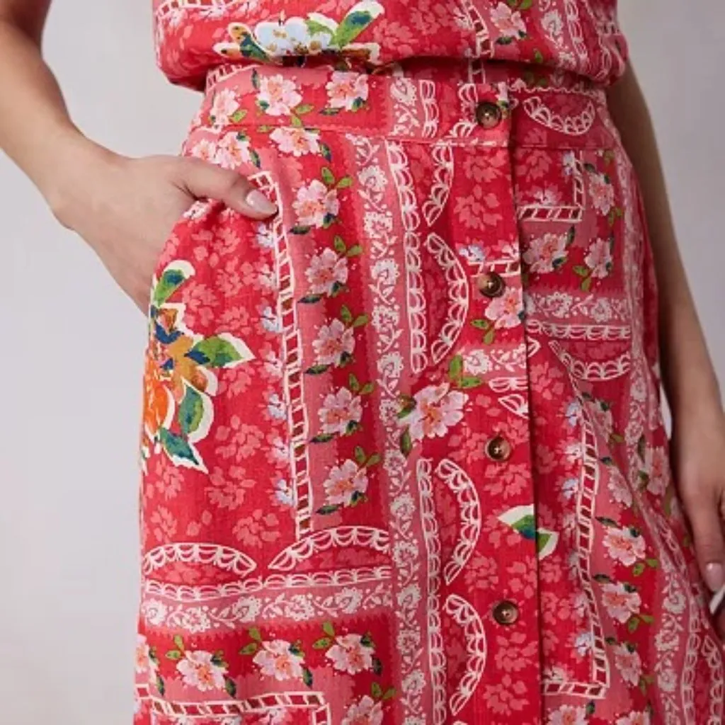 LC Lauren Conrad Button Front A-Line Midi Skirt Pink Floral NWT Large - Image 8