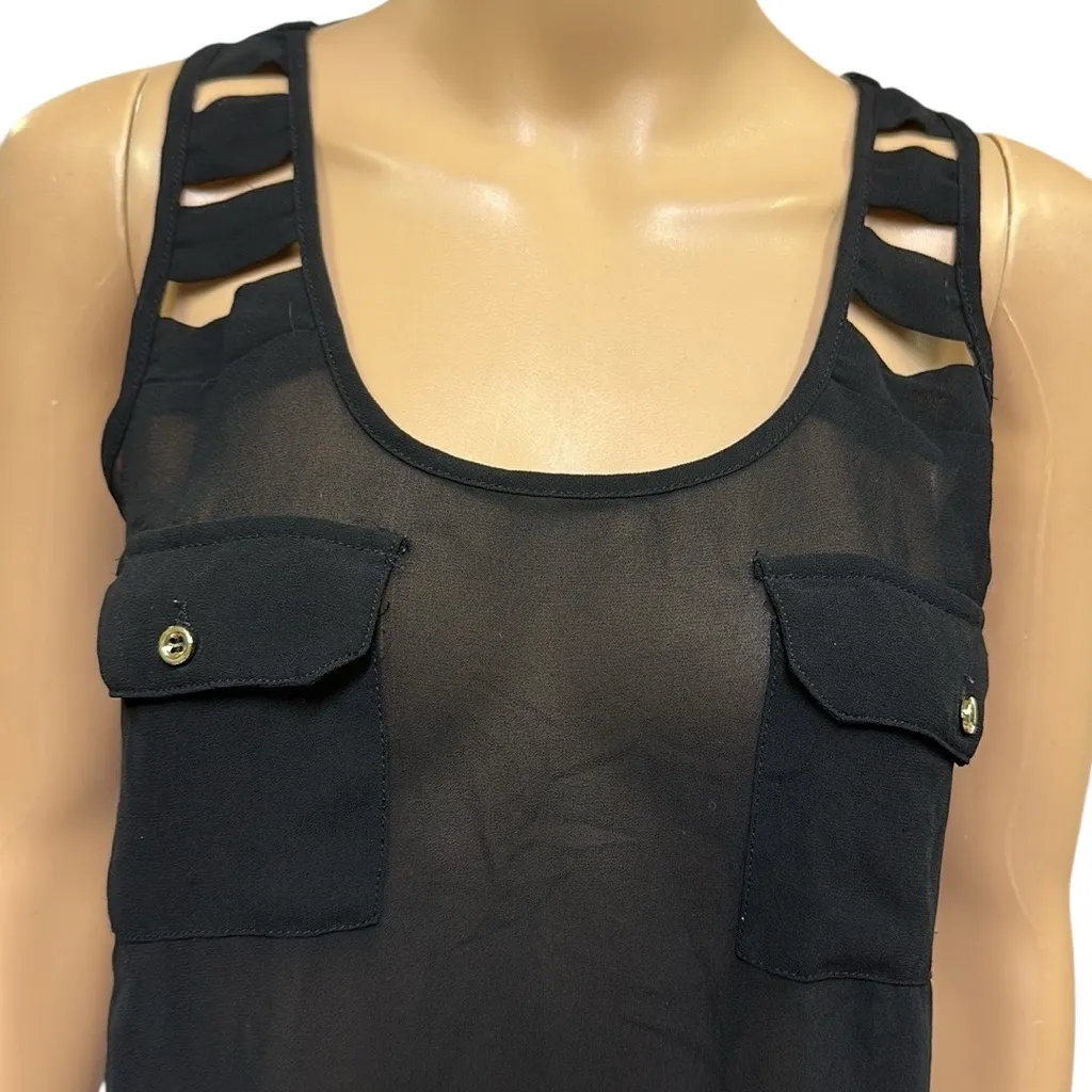 Black 2 Pocket Lightweight Semi Sheer Cut Out Sleeveless Tank Blouse Womens S - Image 3