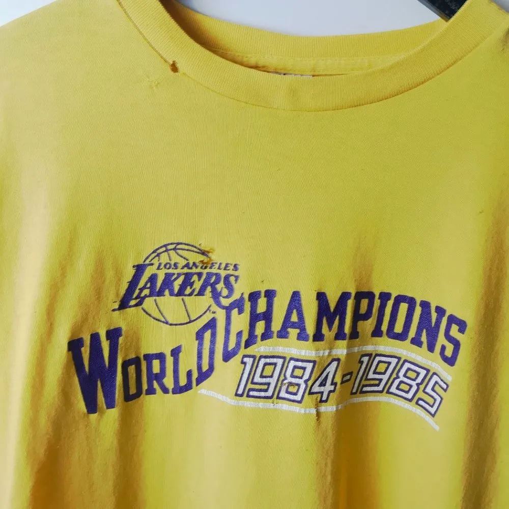 Distressed Vintage 80s Los Angeles Lakers World Champions T Shirt Yellow Medium - Image 5