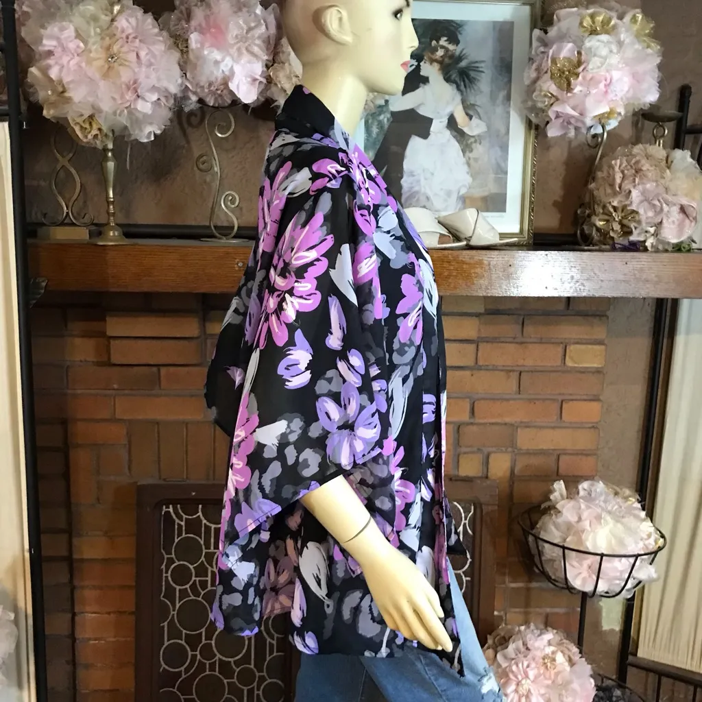 BLAIR PURPLE, BLACK & GRAY FLORAL PRINT KIMONO CARDIGAN (M) - Image 5
