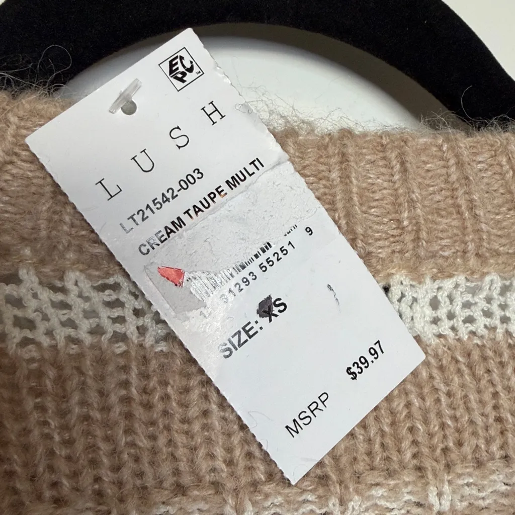 NWT Lush Tan Striped Crochet Knit Crew Neck Fuzzy Sweater - Cream Taupe Multi - Image 6