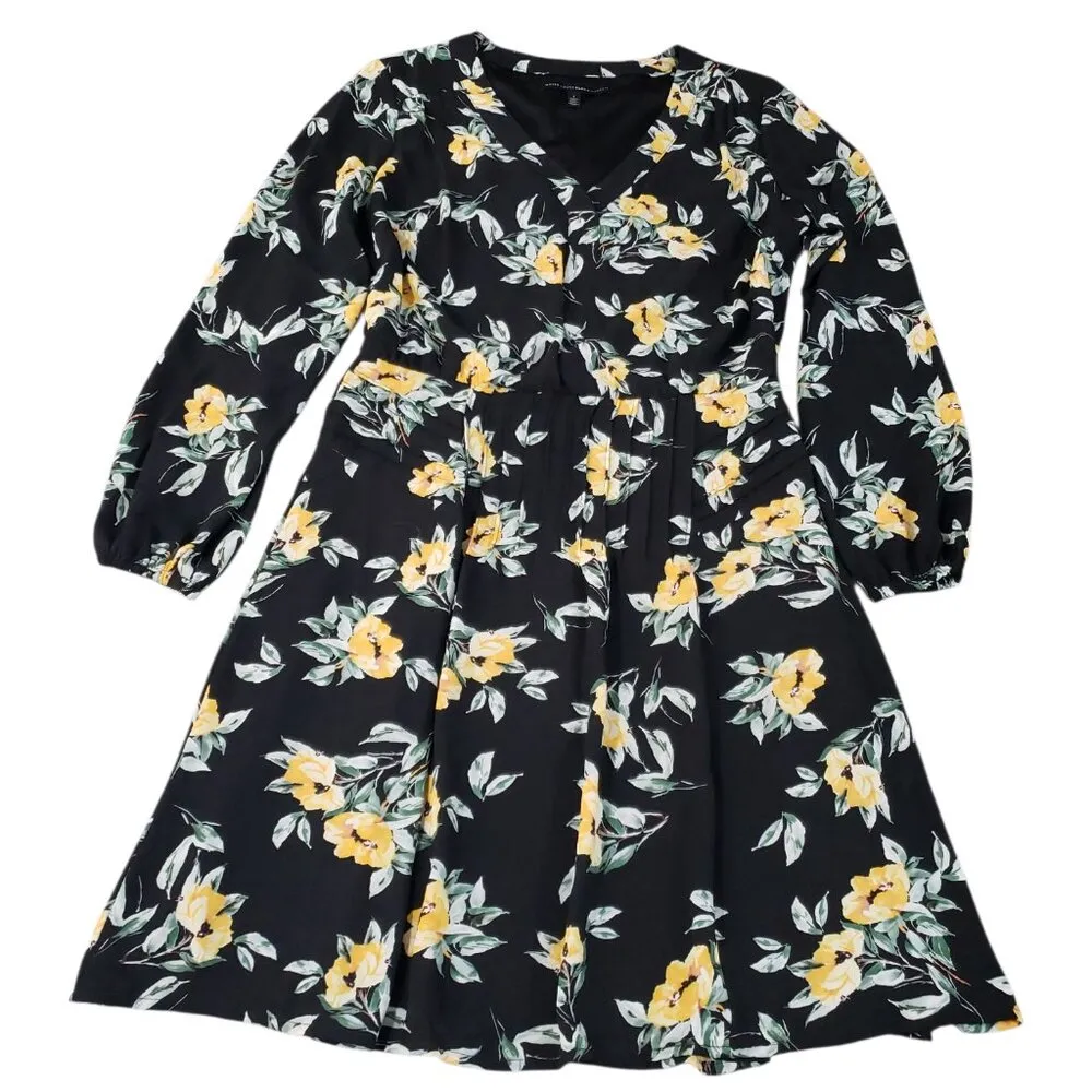 White House Black Market Womens Long Sleeve Black & Yellow Floral Print Dress 2 - Image 5