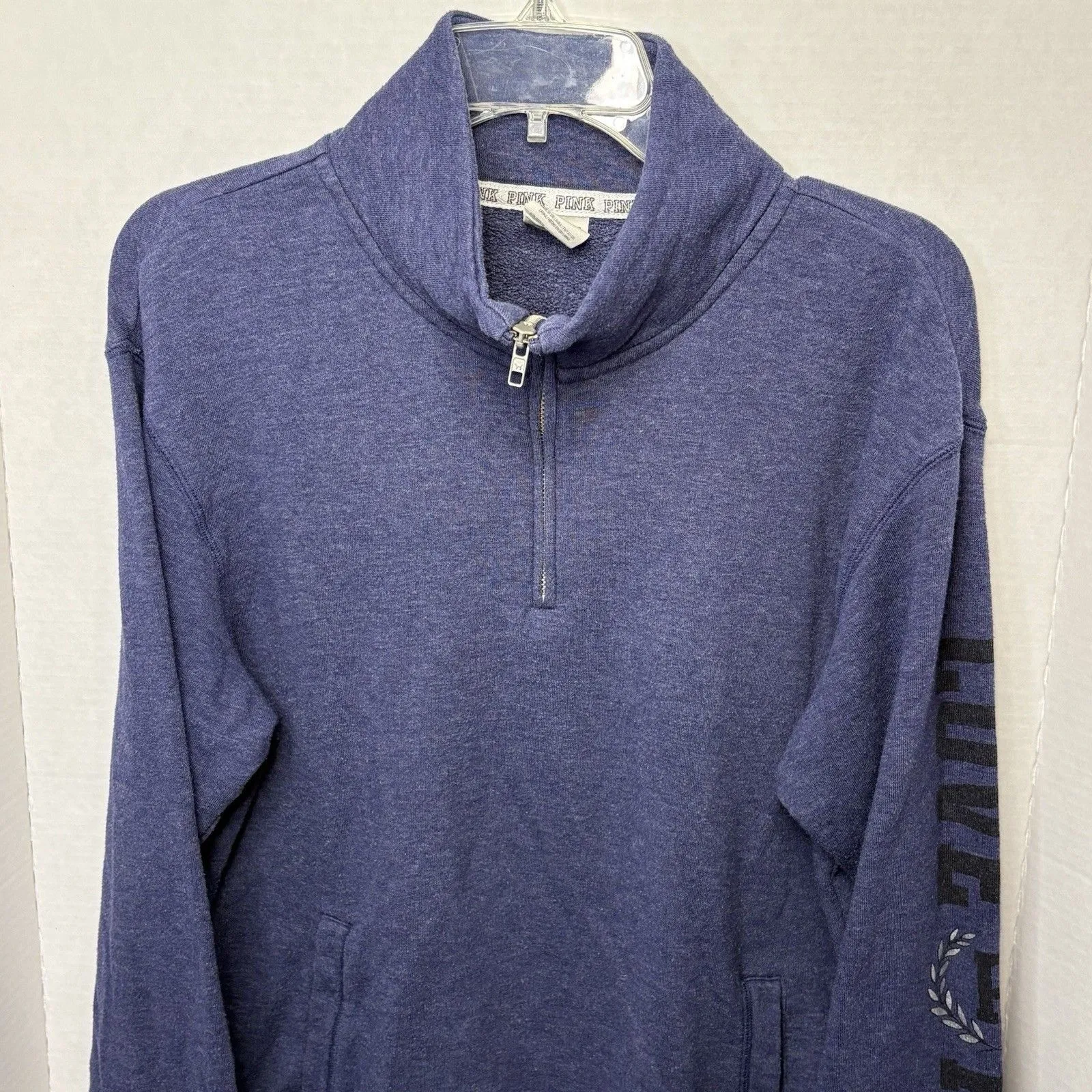 Victoria Secret Womens sweatshirt Small Blue 1/4 Zip Pullover Jacket logo Pink - Image 2