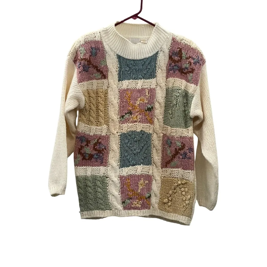 Vintage 90s Needles & Yarn Sweater Womens M Patchwork Floral Knit Korea Size M - Image 16