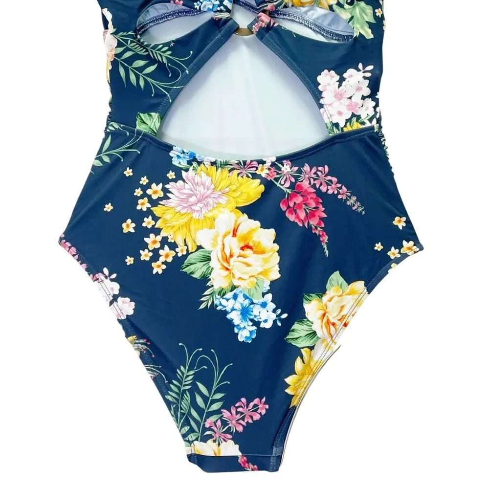 NWT Cupshe Tropical Floral Cutout One Piece Swimsuit Navy Pink Yellow Size XS - Image 6