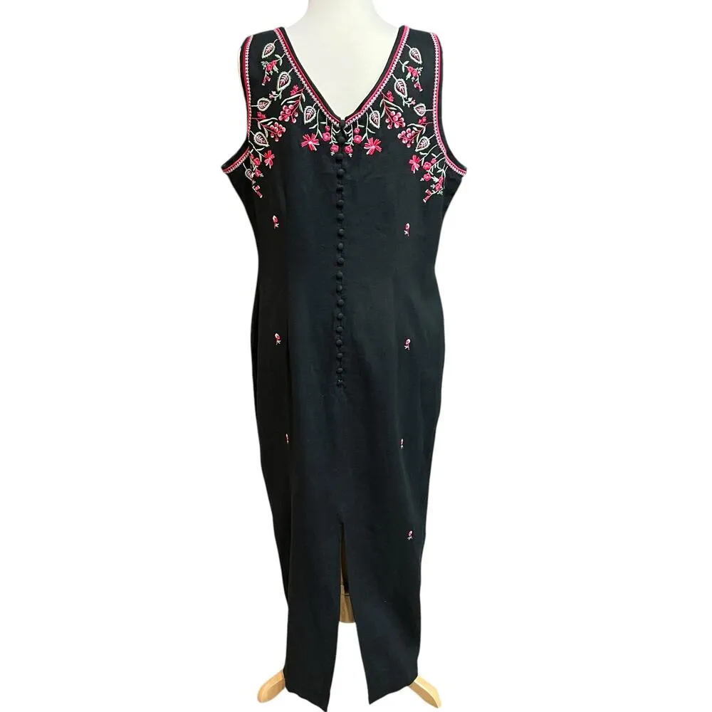 Vintage Citi Dress Womens 16 Black Embroidered Floral Linen Blend Slit Folk Boho - Image 4