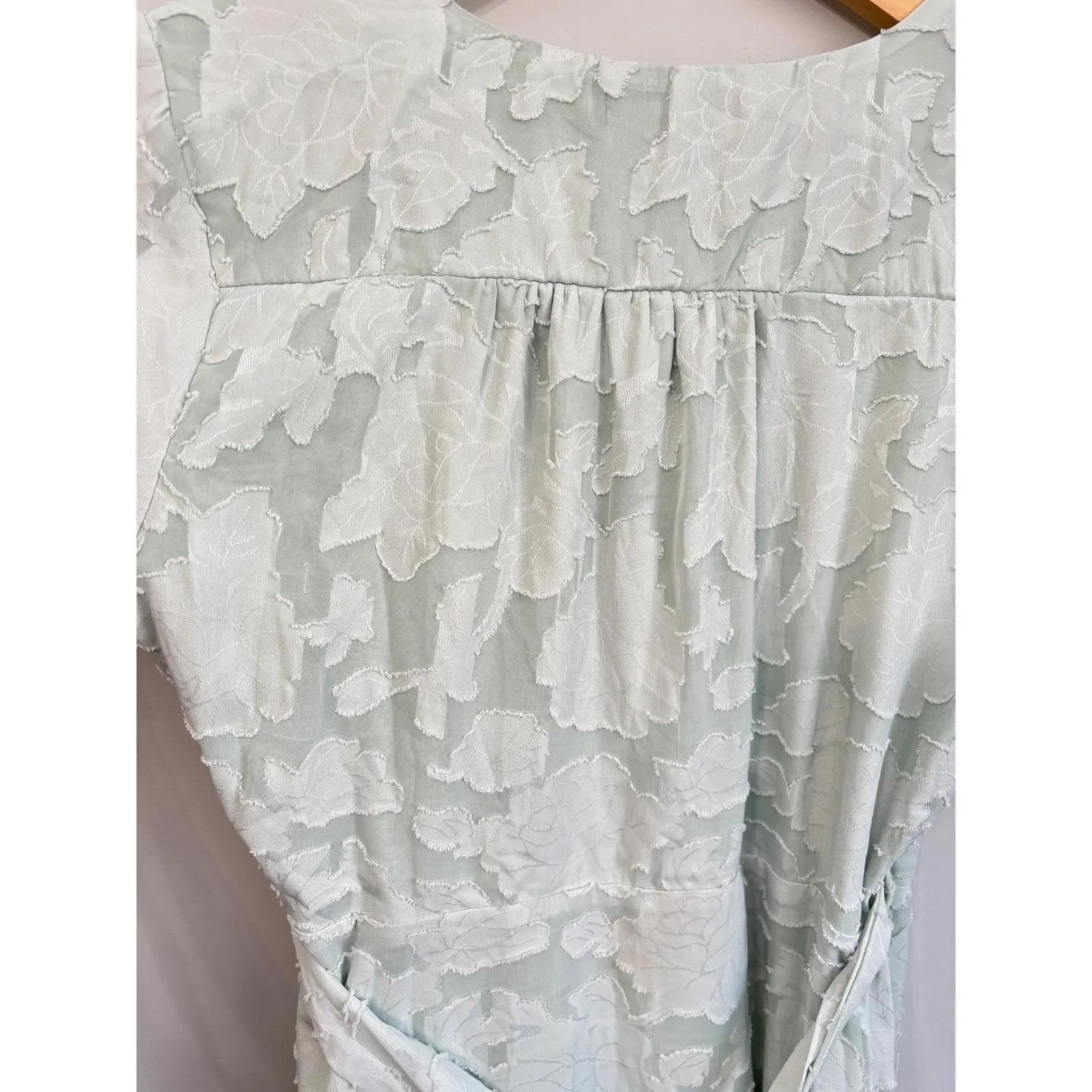 Lulus Midi Wrap Dress XL Sage Green Textured Floral Short Sleeve Fairy Frill - Image 5