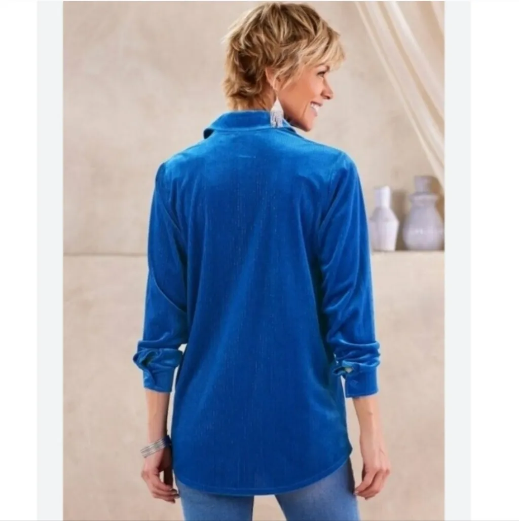 Soft Surroundings Women's Textured Velvet Boyfriend Shirt Sapphire Blue Size M - Image 2