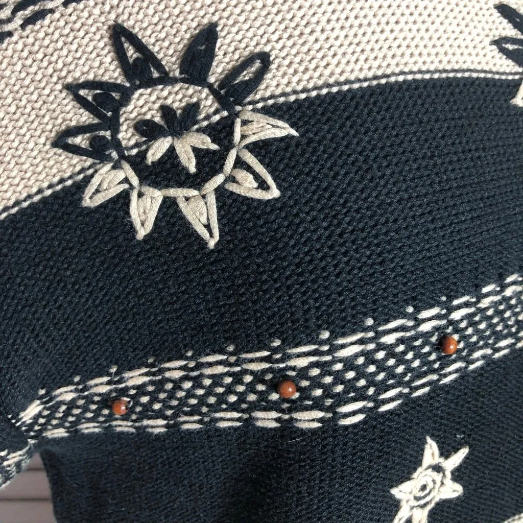 Vintage Liz & Co Knit Sweater Floral Design Short Sleeve Cotton Black/Cream sz L - Image 8