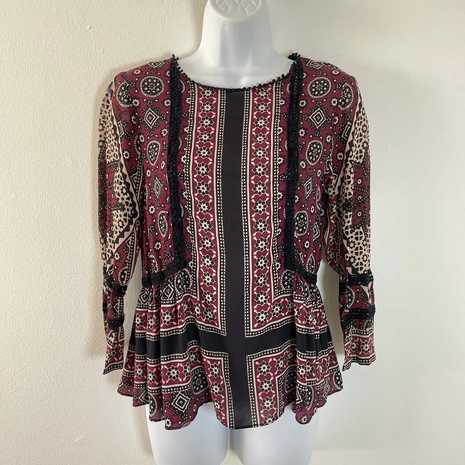 SEA New York Ezri Blouse Womens 4 Silk Blend Floral Boho Peplum Lattice Lace - Image 10