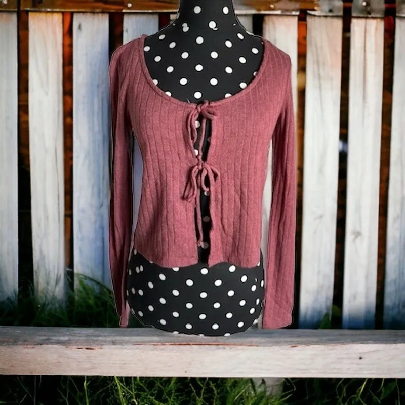 Self Esteem Womens Cardigan Sz S Rose Brown Pointelle Double Tie Y2K NEW 90s - Image 2