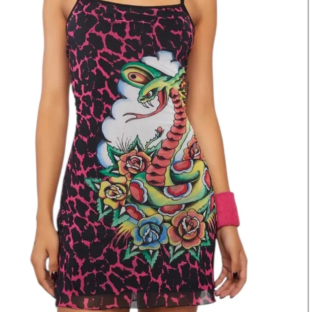 Ed Hardy Plus Size 2X Cobra Roses
Pink Cheetah Mesh Mini Dress
 NWOT Y2K - Image 4