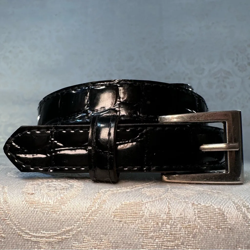 Black Faux Patent Leather Alligator Print Belt with Silver Buckle 36.5 in - Image 2
