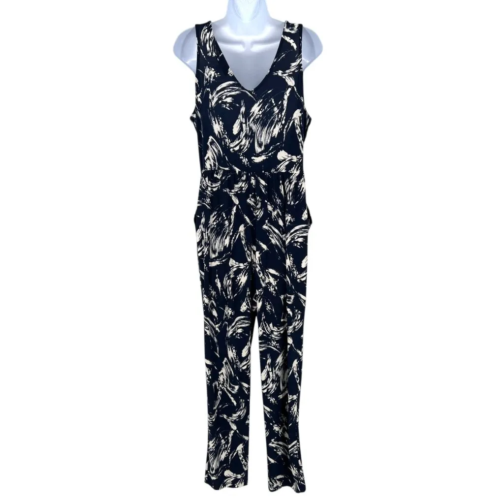 Gilli Navy White Jumpsuit Abstract Print Sleeveless Jersey Stretch Size Large Blue - Image 7