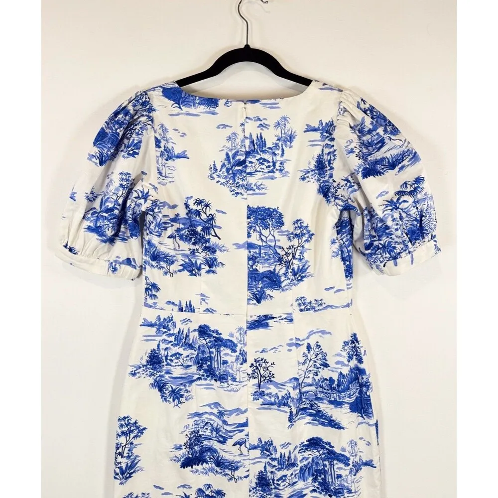 Ann Taylor Dress Blue Toile De Joy Midi Puffed Scoop Neck Linen Sheath Size 0 - Image 13